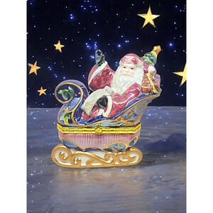 Vintage Porcelain Avon Luster Santa in Sleigh Trinket Box
